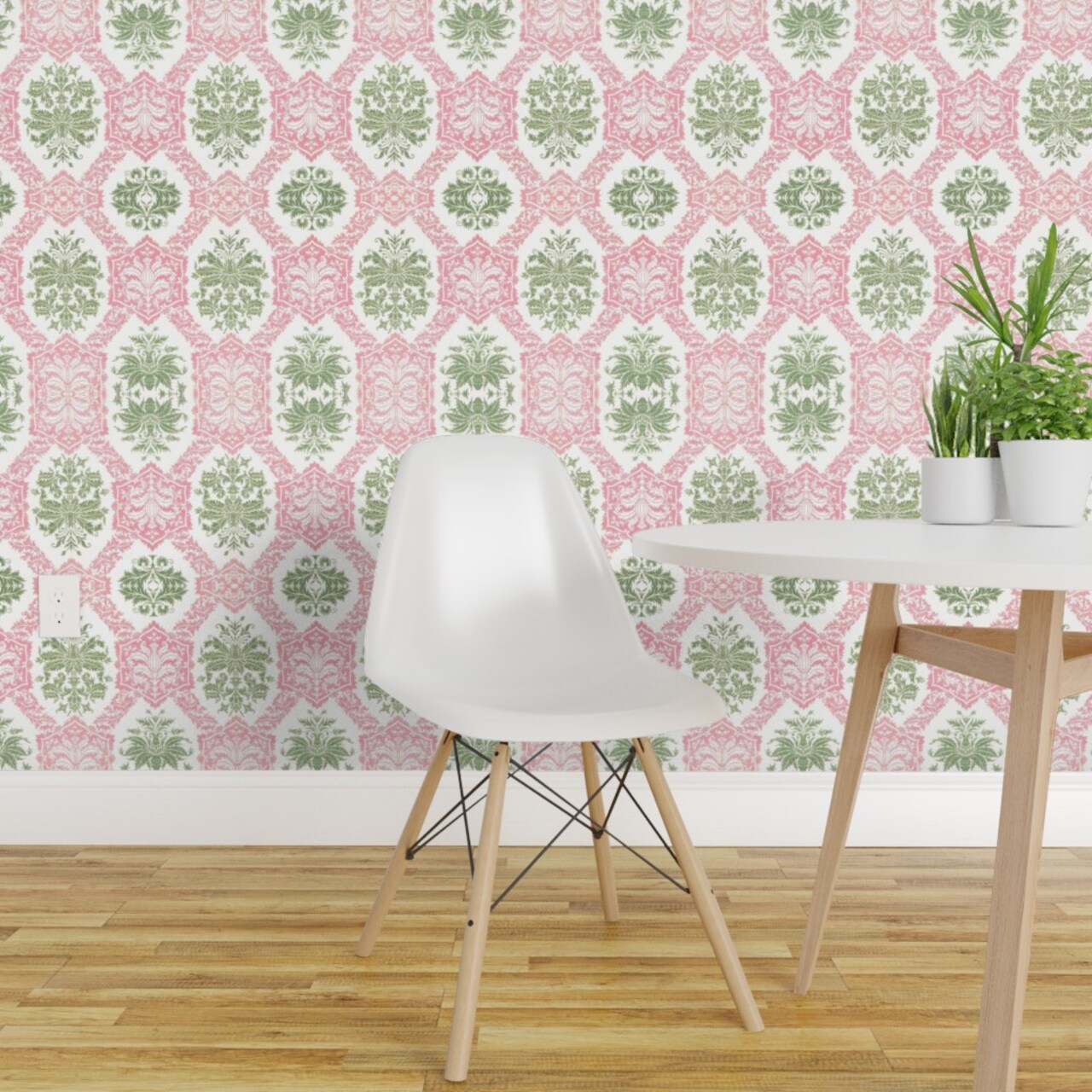 Pre-Pasted Wallpaper 2FT Wide Indian Block Print Bombay Pink And Green Colonial Custom Pre-pasted Wallpaper by Spoonflower